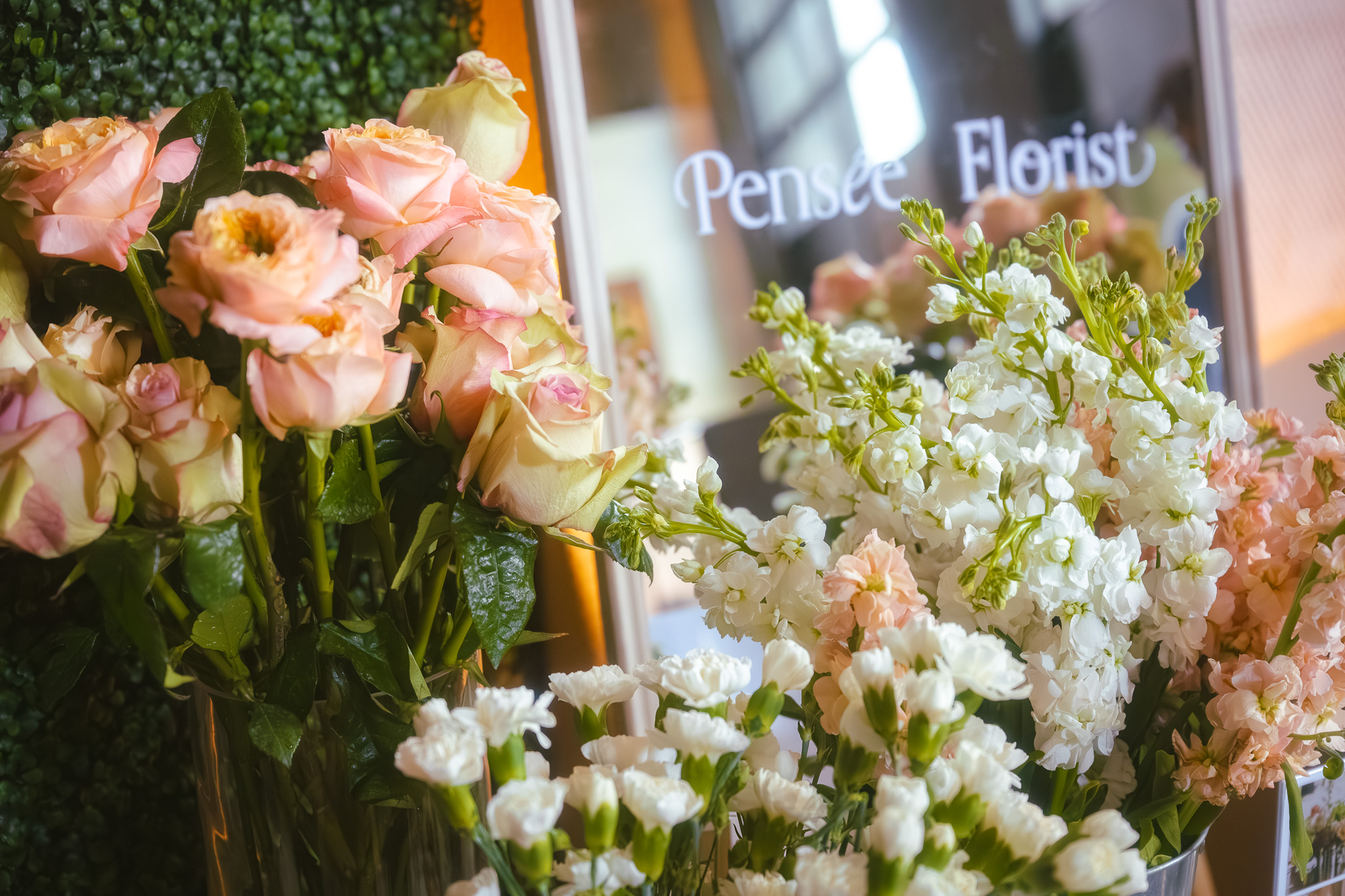 Closeup of floral bar stems and mirror