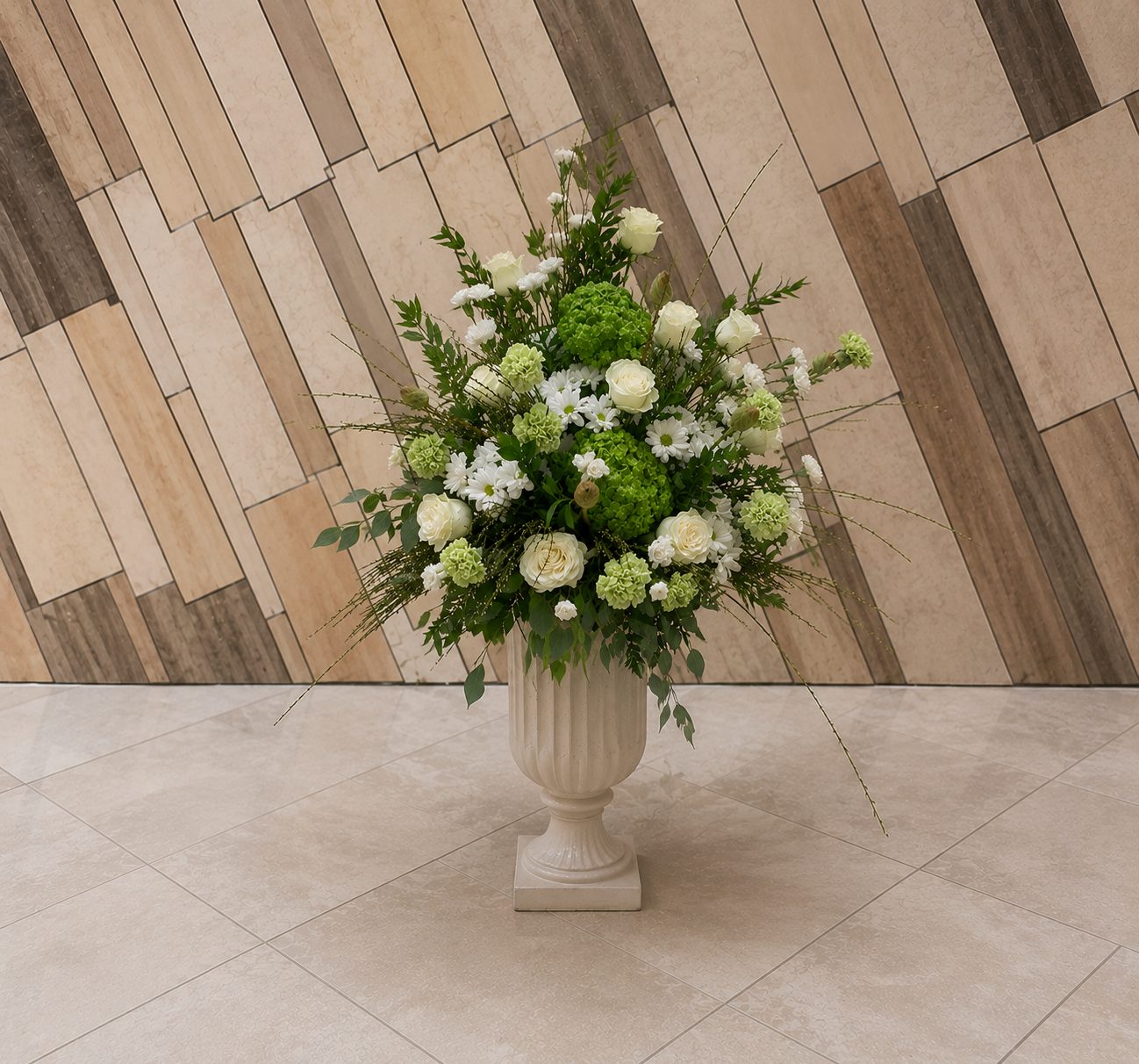 Tall white and green floral centerpiece
